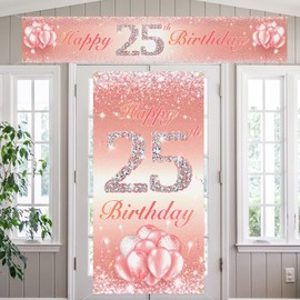 Happy 25th Birthday Door Cover Porch Long Banner Sign Set 25 Years Old Birthday Decoraions Party Supplies for Girls Rose Gold