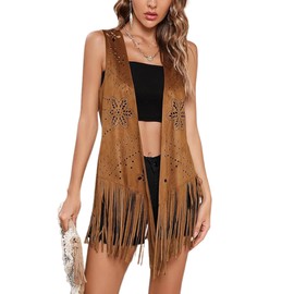 SANSIWU Women's Tassel Vests Vintage Cowgirl Hollow Out Flower Pattern Western Jacket Cardigan 70s Hippie Sleeveless Fringe Waistcoat (Brown, XXL)