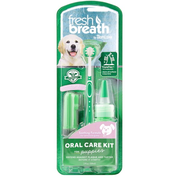 TropiClean Fresh Breath Oral Care Kit for Puppies - Complete Toothbrush & Toothpaste Gel Kit - Helps Remove Plaque & Tartar + Breath Freshener