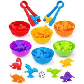STEM Montessori Maths Toy with Matching Cups and Tweezers, 32 Pieces Coloured Dinosaur Counting Game Suction Cup Toy Baby Learning Toy Children's Toy