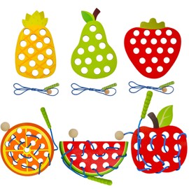 ECam Pcs] Lacing Toy Toddlers, Wooden Threading Toys, Educational and Learning Montessori Activity Baby and Kids, Fine Motor Skill Toys, Apple Pear Strawberry Watermelon Orange Pineapple Multi Color