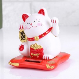 Beufee Gato De La Suerte Chino, Gato De La Suerte con Energía Solar, Mini Gato Feliz con Brazo Ondulante, Estatuilla De Gato Que Hace Señas, Decoración para Coche, Hogar Y Oficina(Blanco)