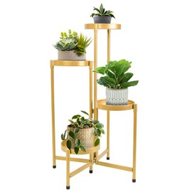 HOEGMST 4 Tier Plant Stand Indoor Outdoor, 31 Inch Tall Metal Plant Shelf Waterproof, Plant Holder with Folding Design For Home, Living Room, Gold