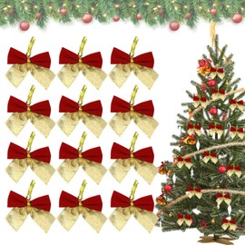 CHEERYMAGIC 12PCS Red&Gold Velvet Ribbon Bows for Christmas Tree Decorations DIY Crafts Indoor Decor, Tie Wreath Ornaments Decoration for Xmas A3HDJZS (red+gold)