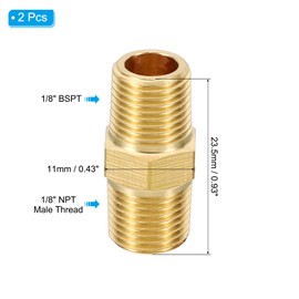 PATIKIL Brass Nipple Pipe Fittings, 2Pcs 1/4" BSPT x 1/4" NPT Male Thread Hex Tubing Coupler Adapter Connector for Plumbing Water Line Connection Couplings
