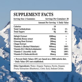 Zetelixia Shilajit Gummies 1000MG, Organic Pure Himalayan Shilajit for Men & Women, 85+ Trace Minerals, Rhodiola Rosea, Ginseng Root, Chaga, Vitamin D, Energy & Immune Support, Sugar Free, 120 Count