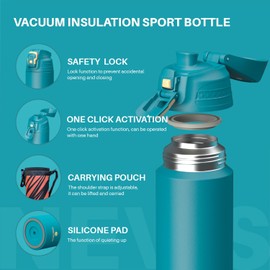 SANTECO Water Bottle, Lockable Thermos Flask, Water Bottle, Stainless Steel, 1 Litre, BPA-Free with Carry Bag, Direct Drinking Insulated Jug, Dishwasher Safe for Travel, Camping, Blue
