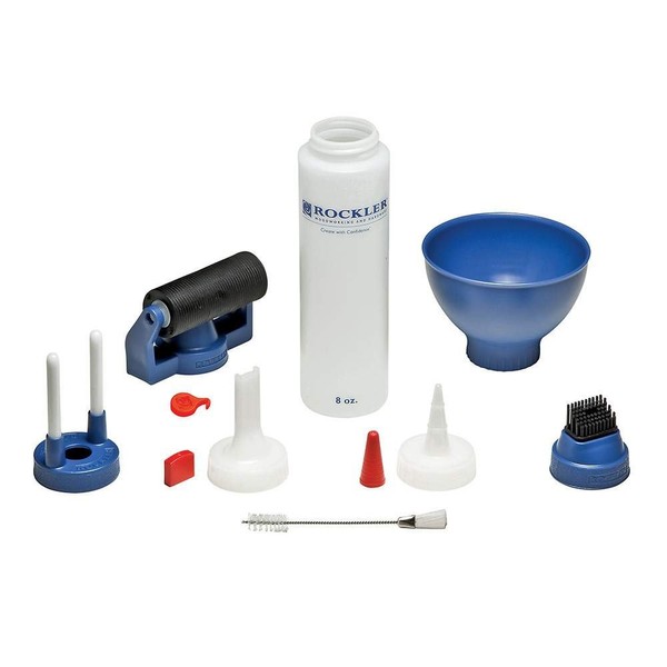 Rockler Wood Glue Applicator Set – Wood Working Glue Bottle (8oz) w/Glue Spout & Red Cap, Glue Line Centering Attachment, Silicone Glue Brush, & More – Easy to Clean Bottle with Brush Applicator
