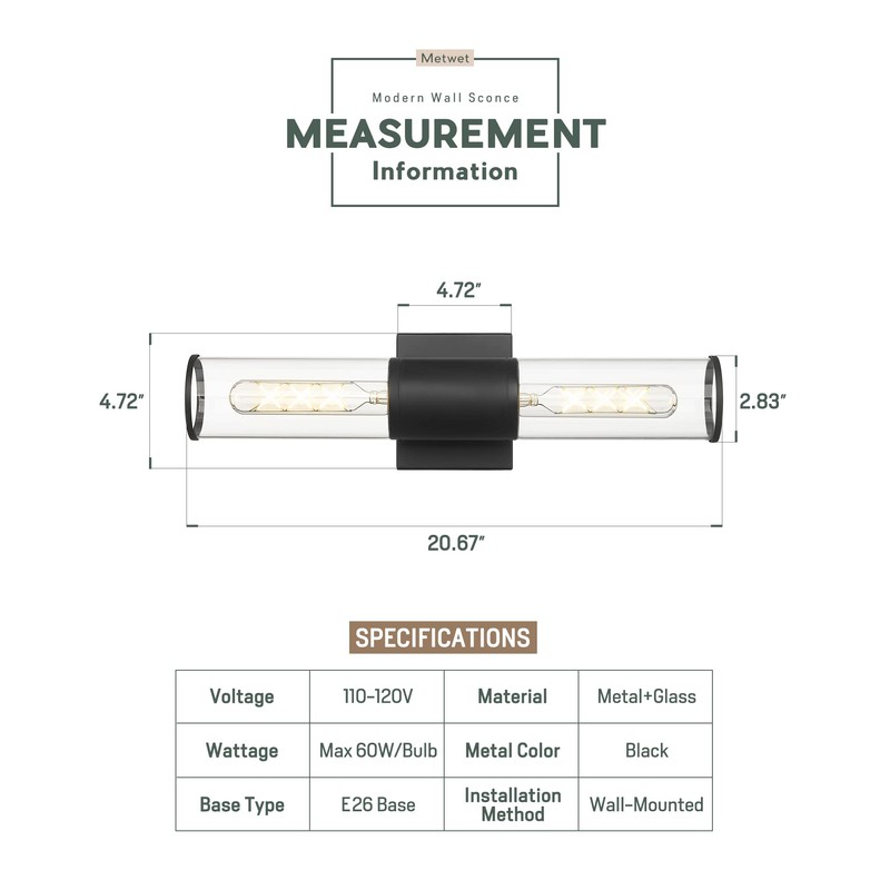 METWET Black Vanity Light Set of 2, 2 Light Modern