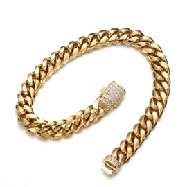 JovJewelry Mens Heavy Miami Cuban Link Chain Necklace Stainless Steel 18K Gold Plated Hip Hop Jewelry For Men Women Wide 6mm/10mm/14mm with Bling CZ Diamond buckle Necklace or Bracelet, 9inches Bracelet, Stainless Steel, Zircon