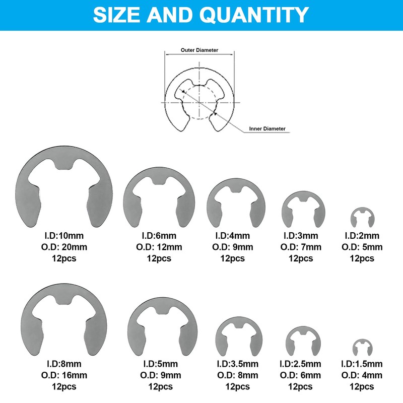 DIANN 120pcs E-Clip Assortment Kit Stainless Steel E-Clip External Retaining