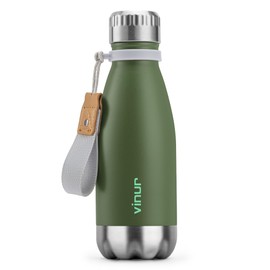 VINUR Kids Water Bottle-9 oz Stainless Steel Double Wall Vacuum Insulated Water Bottle for School-Cola Shape Flask with Carry Rope(Grass Green)