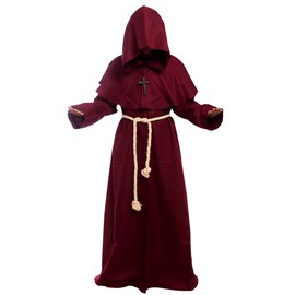 Cos2be Medieval Priest Monk Robe Hooded Cloak Wizard Sorcerer Cape (XX-Lare,Wine Robe)