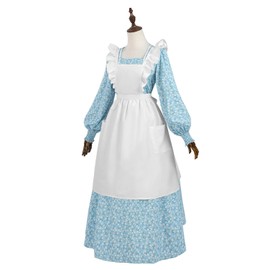 Nuoqi Prairie Dress Women Adult Colonial Dress 1800s Long Sleeve Pioneer Costume with Apron Bonnet Sky Blue, M