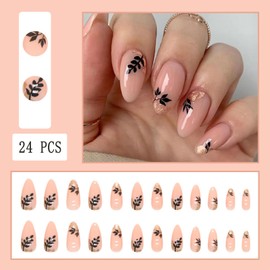 Gold Foil Press-On Nails Short Oval False Nails Gold Foil False Nails with Black Leaf Pattern Full Cover Nail T-Sticker Suitable for Women Girls Nail Art Decoration 24 pcs