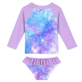 Funnycokid Girls Rash Guard Swimsuit Size 5 6 Bathing Suit Mermaid Purple Long Sleeve 2 Piece Swimwear Rash Guard Set Kid 5-6 Years