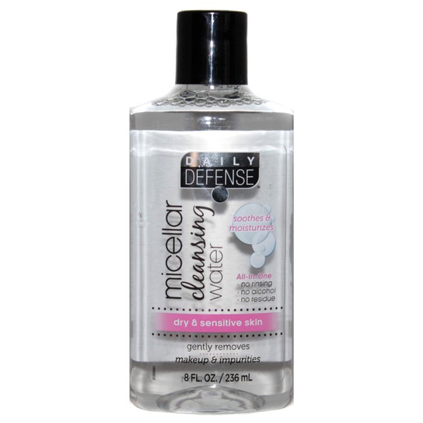 Daily Defense (1) Bottle Micellar Cleansing Water - For Dry & Sensitive Skin Soothes & Moisturizes - Gently Removes Makeup & Impurities All-In-One No Rinsing, No Alcohol, No Residue 8 fl oz