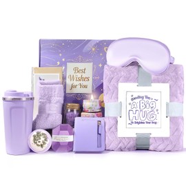 Gift Basket for Women, Birthday Gifts for Women Self Care Gifts Get Well Soon Gifts, Flannel Blanket, Tumbler, Relaxing Spa Gifts for Mom Best Friend Wife Girlfriend Sister Her (Purple)