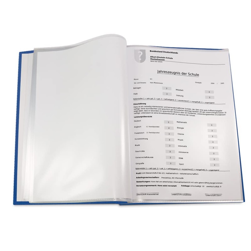 Certificate Folder in Blue Linen Look with Embossed Print in