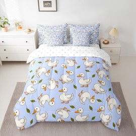 7 Pieces Cute Ducks Comforter Set Twin Size, White Ducks Print Bedding Set for Kids Girls Room Decor, Farm Animals Theme Blue Bed in a Bag with Comforter, Fitted Sheet, Flat Sheet and Pillowcases