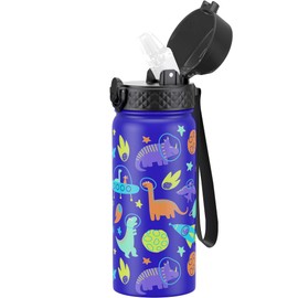 GOPPUS Kids Water Bottle (Straw Lid)-18oz Vacuum Insulated Stainless Steel, Reusable Tumbler for School, Boys, Girls,Blue Space Dinosaur