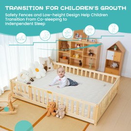 DoCred Montessori Toddler Floor Bed for Kids - Full Size Wood Floor Bed w/Slats & Fence for Girls and Boys, Montessori Bed Frame, Natural