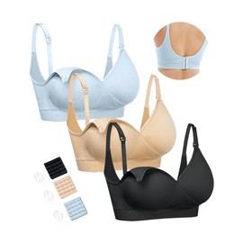 HOFISH Medium Strength Maternity and Nursing Bra, Seamless V-Neck Nursing Bra for Pregnancy and Postpartum Time, Beige Black Blue