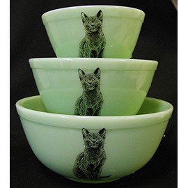 Mixing Nesting Bowls - Set of 3 - Rosso Exclusive - Jadeite Decaled - American Made - Mosser Glass USA (Black Cat)