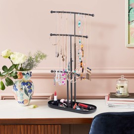 SZQINJI Jewelry Stand Organizer, Metal Jewelry Tree Holder 3-Tier Jewelry Storage Tower for Necklace Display, Earring Hanging Black, Mother Day's Gift