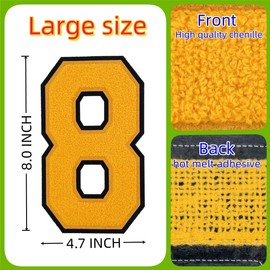 1 Pcs 8.0" Yellow Chenille Number Patches, Iron On or Sew On Appliques for Clothing, Jackets, Backpacks Varsity Style Large Number Patches Pair with Varsity Letter Patches (Yellow 8)