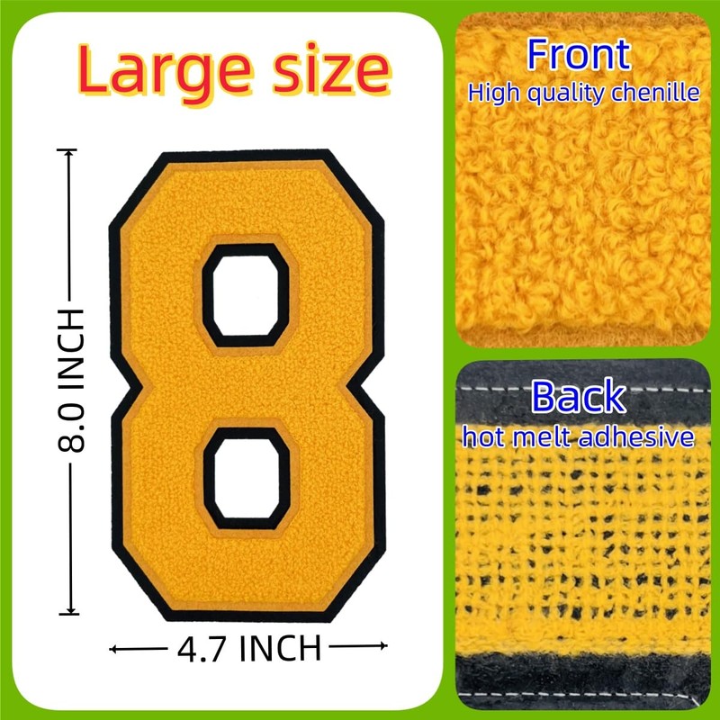 1 Pcs 8.0" Yellow Chenille Number Patches, Iron On or
