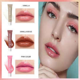 Hydrating Tinted Lip Butter Balm Trio - Vanilla Beige, Brown, Pink Sugar with Clear Jelly Lip Gloss and Long-Lasting Lip Care Oil, Perfect Valentine's Day Makeup Gift for Women (Set A, 3 Pieces/Set)