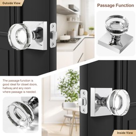 newliplace Polished Chrome Passage Door Knobs Interior, Crystal Glass Passage Door Knobs for Closet, Modern Round Door Handles for Hallway