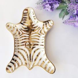 BCLP-A Zebra Stripe Jewelry Tray Ceramic Dishes Plate Gilded 5.9", Gold