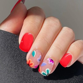 24PCS Short Square Press On Nails – Red & Colorful Floral Acrylic Fake Nails with Glue for Women, Stylish & Fresh Look, Great for Work, Parties, or Daily Wear