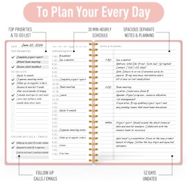 Daily Planner with Hourly Schedules - Undated To-Do List Notebook, Spiral Bound, 5.5" x 8.5", Manage Tasks & Appointments, Perfect Office Supplies for Women - Pink