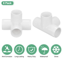 M METERXITY 8-Pack PVC Fittings, 1 Inch PVC Pipe Connectors 4-Way for Building Furniture/Greenhouse/Shed Pipe Fittings/Tent Connection, Furniture Build Grade PVC Elbow [White]