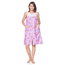 Casual Nights Women's Zipper Front House Dress Duster Sleeveless Housecoat Lounger Robe, Floral Lilac Purple, Large