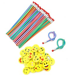JZK 60x Pencils and erasers Set, 30x Soft Flexible Magic Bendy Pencils + 30x Smiley Emoji Eraser, Kids Birthday Party Bag fillers Set, Children Party Favours Thankyou Gift for Boys Girls