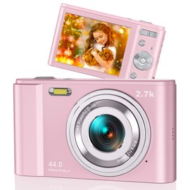 AiTechny Digital Camera 2.7K Vlogging Camcorder 44MP Kids Camera, 16X Zoom Digital Point and Shoot Cameras, Compact Camera, Rechargeable Mini Camera for Kids Beginners, Birthday Gifts (Pink)