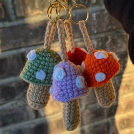 Cute Handmade Knitted Lip Balm Keychain & Lipstick Storage Bag with Mushroom Pendant Free Size + Small Love Orange Mushroom Pendant 4ea