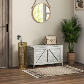 HOMCOM 30" Farmhouse Storage Bench, Lift Top Storage Chest with Safety Hinge to Open Up 100°, Wooden Trunk for Bedroom, Entryway, Living Room, Gray Wood Grain