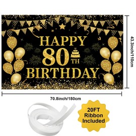 80th Birthday Decorations for Men Women Happy 80th Birthday Banners Decorations Black Gold 80 Years Birthday Party Favor Backdrop for 80th Birthday Party Sign Decor