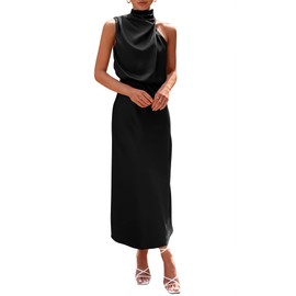 PRETTYGARDEN Women's 2025 Summer Satin Dress Elegant Sleeveless Mock Neck Cocktail Party Maxi Dresses (Black,X-Large)