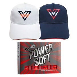 Volvik Power Soft Explosive Ball Speed 1 Dozen (Red Color 12 Balls) Golf Balls Bundle with 2 Color V-Logo Hats (White, Navy)