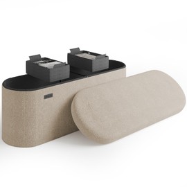 StorageBud Storage Ottoman Bench, 43 Inch Storage Bench for Bedroom End of Bed, Foldable Large Ottoman Foot Rest, Entryway Bench with Storage, Boucle Oval Storage Chest Max 660lbs, Beige