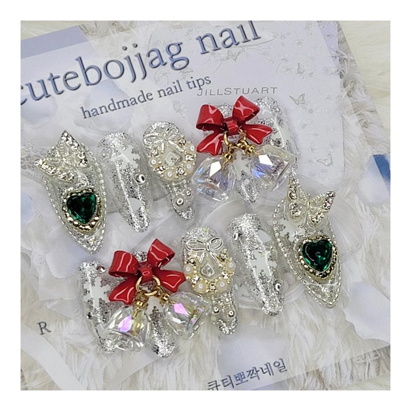 Christmas Jingle Bell Handmade Nail Tips - Coffin Egg /
