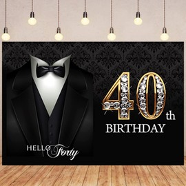 DORCEV 10x7ft Hello Forty Tuxedo Backdrop for Man 40th Birthday Party Decor Diamonds Gold 40th Birthday Photography Background Black Suit Necktie Tuxedo Decor Banquet Party Black Gold Banner Props