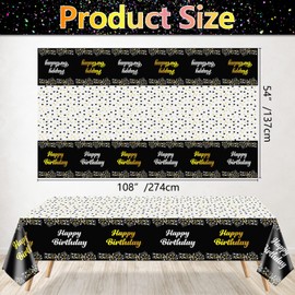 QUERICKY 4 Pack Happy Birthday Tablecloths, Black and Gold Birthday Tablecloths, 54 x 108 Inch, Rectangle Tablecloths for 18th, 20th, 21st, 30th, 40th, 50th, 55th and 60th Birthday Party Decorations