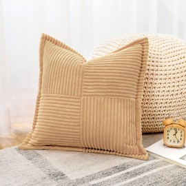 OTOSTAR Striped Corduroy Throw Pillow Covers with Splicing Super Soft Boho Pillow Covers Broadside Decorative Textured Throw Pillows for Couch Sofa Bed Living Room 24x24 Inch, Khaki